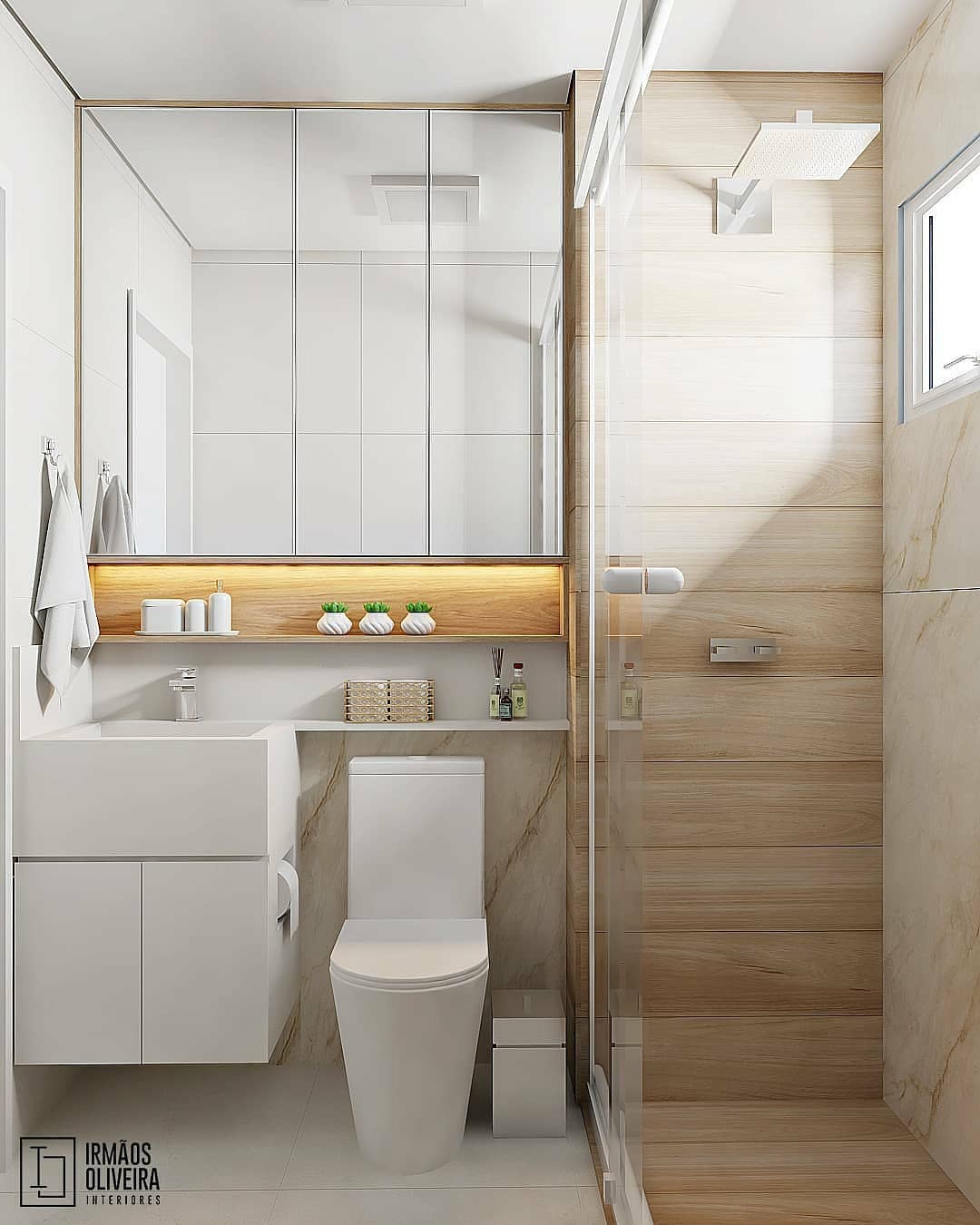 projeto de banheiro pequeno em tons claros e madeira
