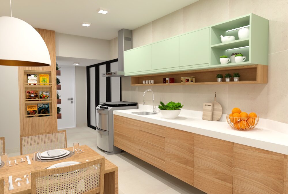cozinha verde claro com madeira