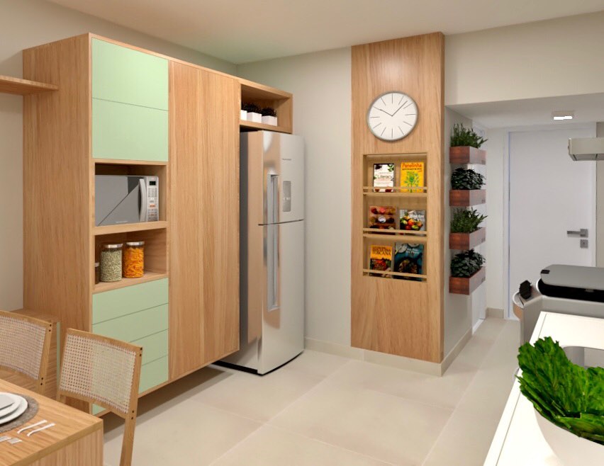 cozinha amadeirada com detalhe verde claro