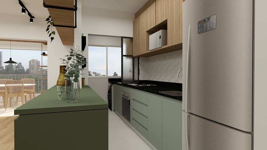 cozinha verde claro com madeira e detalhes em preto