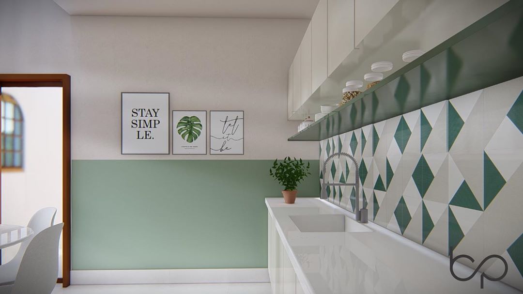 cozinha branco com detalhes verdes