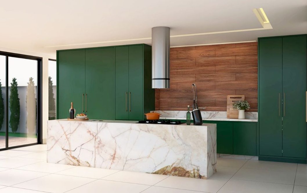 cozinha verde escuro com madeira e mármore na bancada