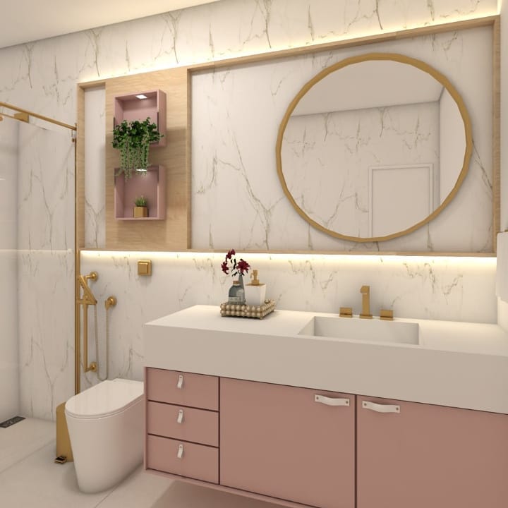 banheiro branco com armario rosa claro