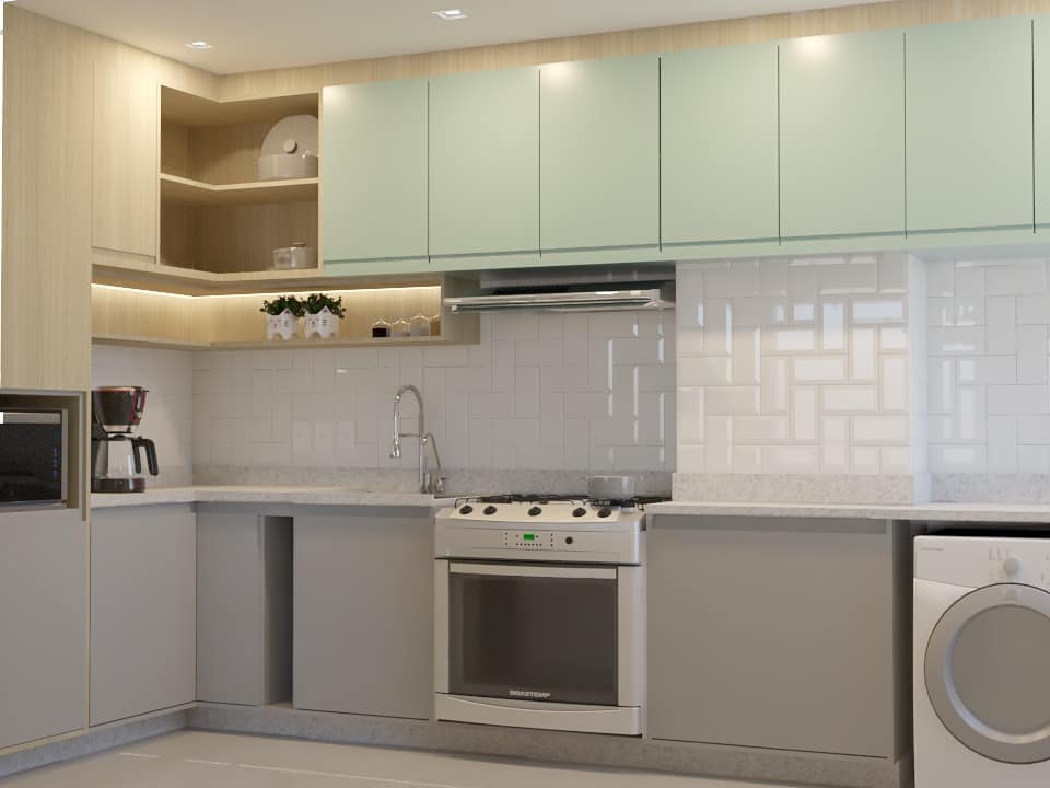 cozinha verde claro com cinza pequena