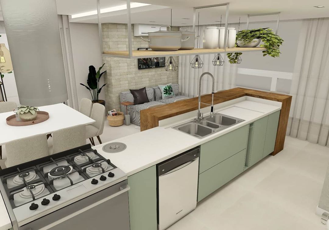 cozinha verde menta em apartamento pequeno
