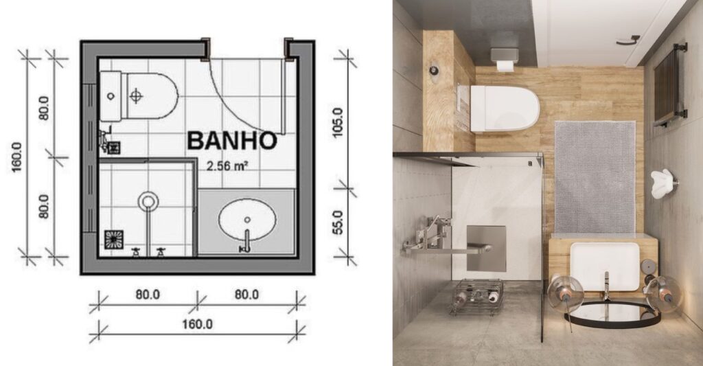 planta baixa de banheiro quadrado pequeno medida mínima